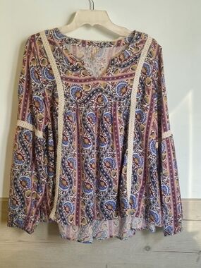 Red Camel Paisley Lace-Trim Long Sleeve Peasant Blouse Size Large